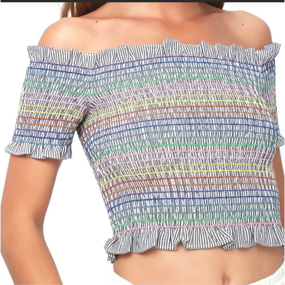 Storia Revolve Navy Striped Rainbow‎ Smocked Crop Top Pride Size Large